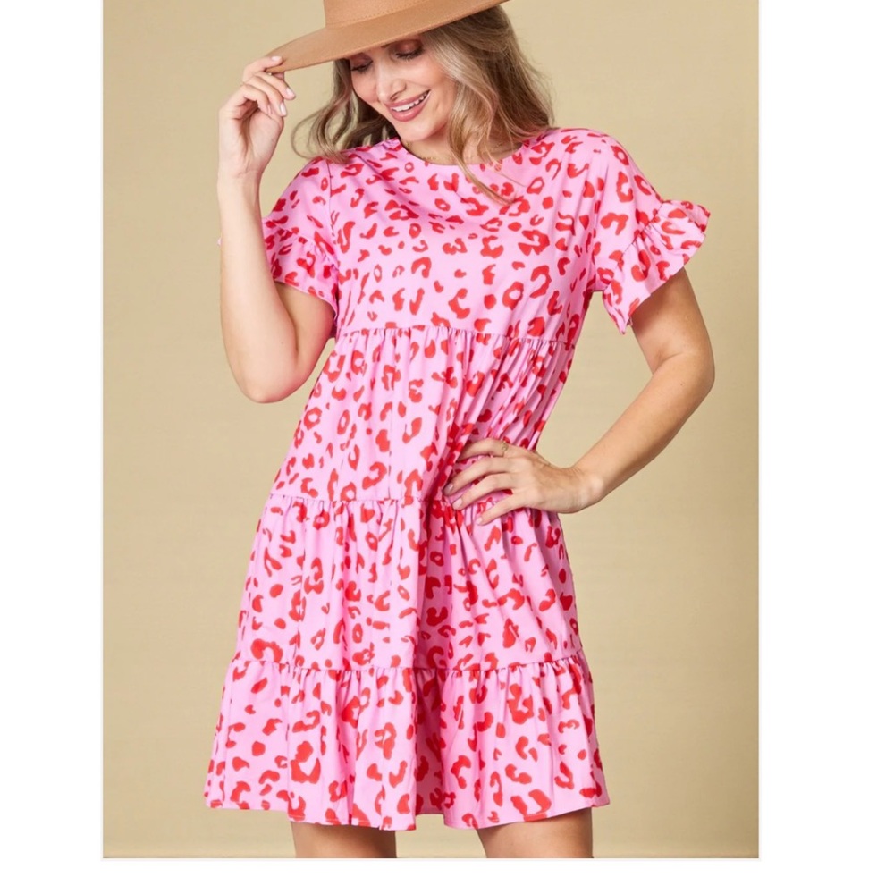 Pink Leopard Print Tiered Short Sleeve Dress
